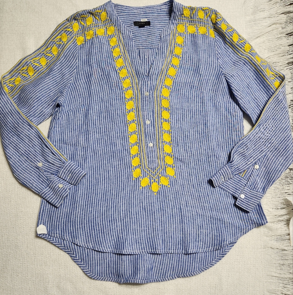 J. Crew Embroidered V-neck Tunic in Stripe Linen Size (M) Woman's